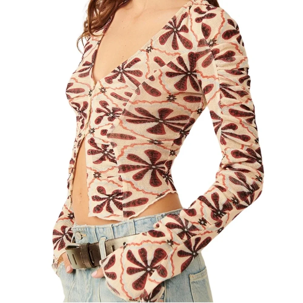 NWOT Free People Through the Meadow Ruched Mesh Floral Long Sleeve Cotton Top
